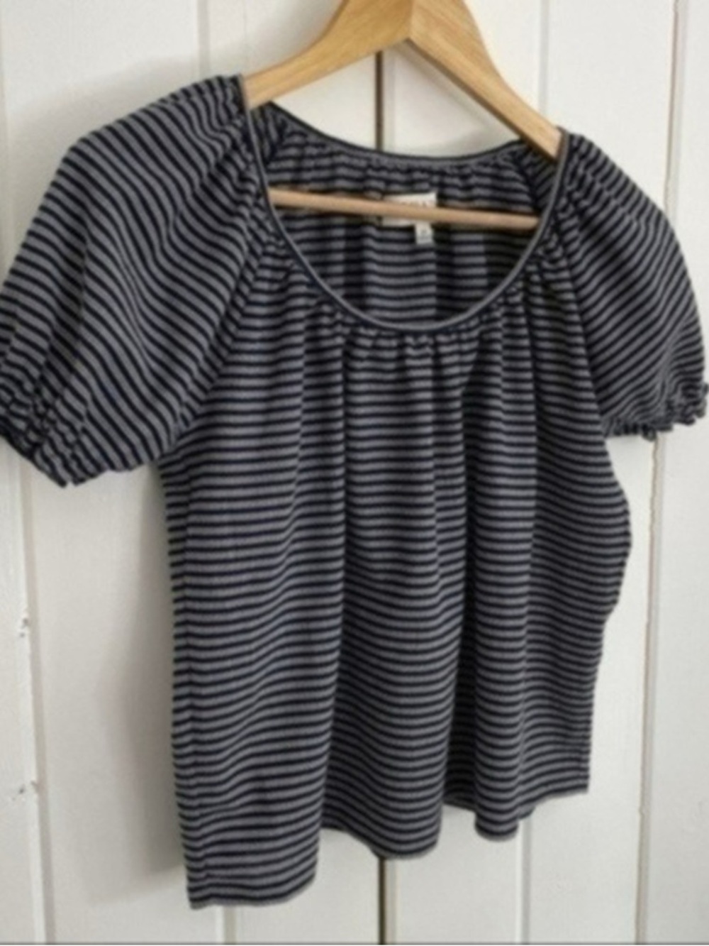 Madewell Black & Gray Striped Puff Sleeve Scoop Neck Top